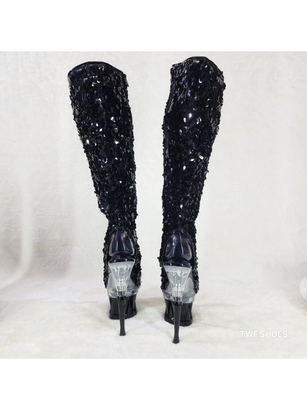 Pleaser Spiky Black Sequin Knee Boots Spiked Design Platform - Picture 6 of 12